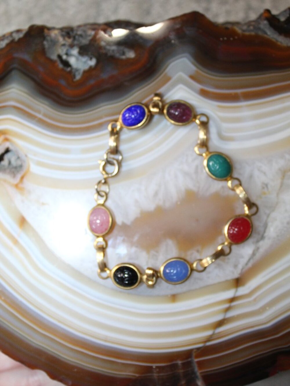 Gold Tone Multi-Color Carved Cabochon Link Bracelet